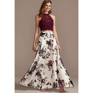 Lace Circle Neck Crop Top with Floral Skirt Set